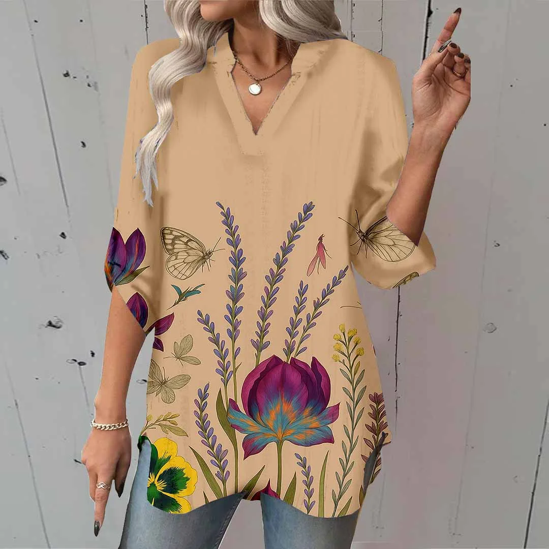 Women Floral,Khaki DZGA0011 3/4 Sleeve V-neck Printed Graphic Button Tops