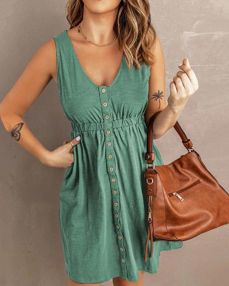 Women's Solid Casual V Neck High Waist Button Front Tank Dress shopify LILYELF