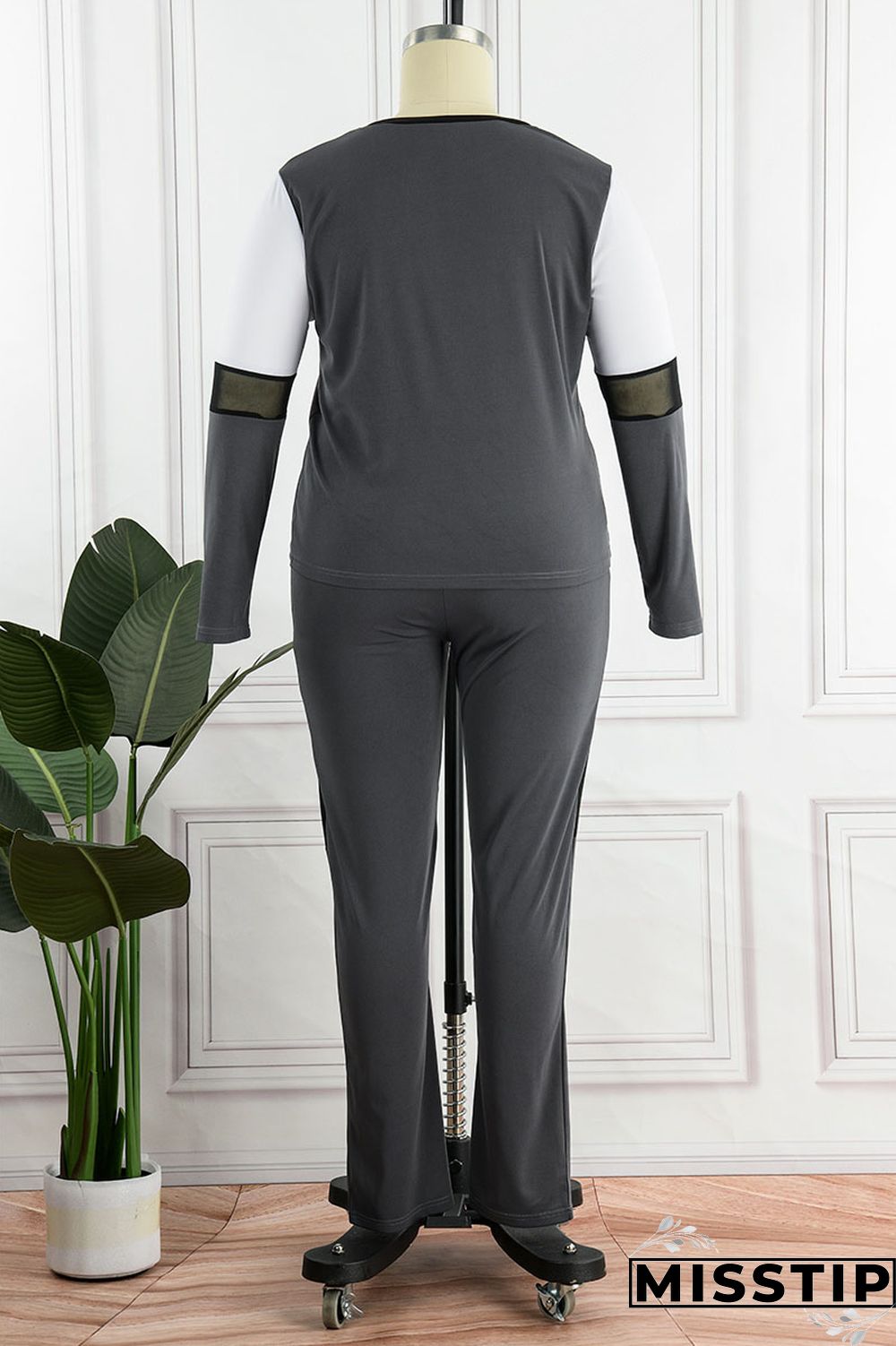 Grey Casual Sportswear Solid Patchwork O Neck Plus Size Two Pieces