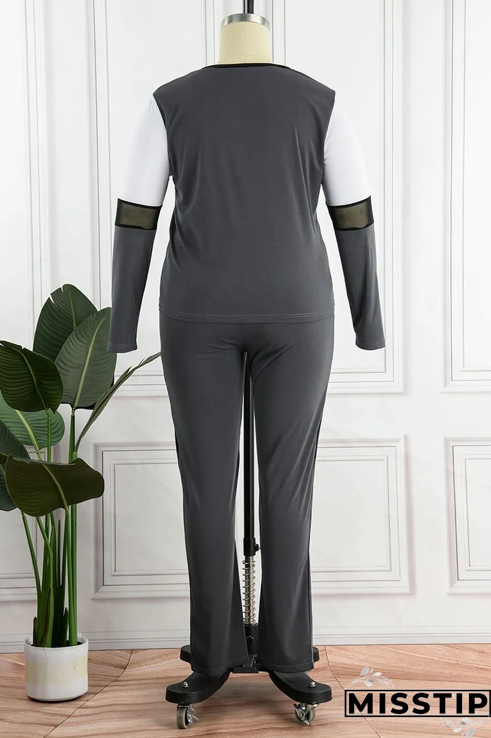 Grey Casual Sportswear Solid Patchwork O Neck Plus Size Two Pieces
