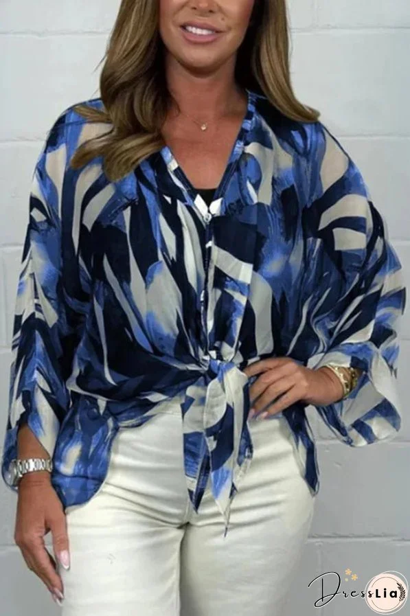 Unique Printed Long Sleeve V-neck Chiffon Loose Shirt
