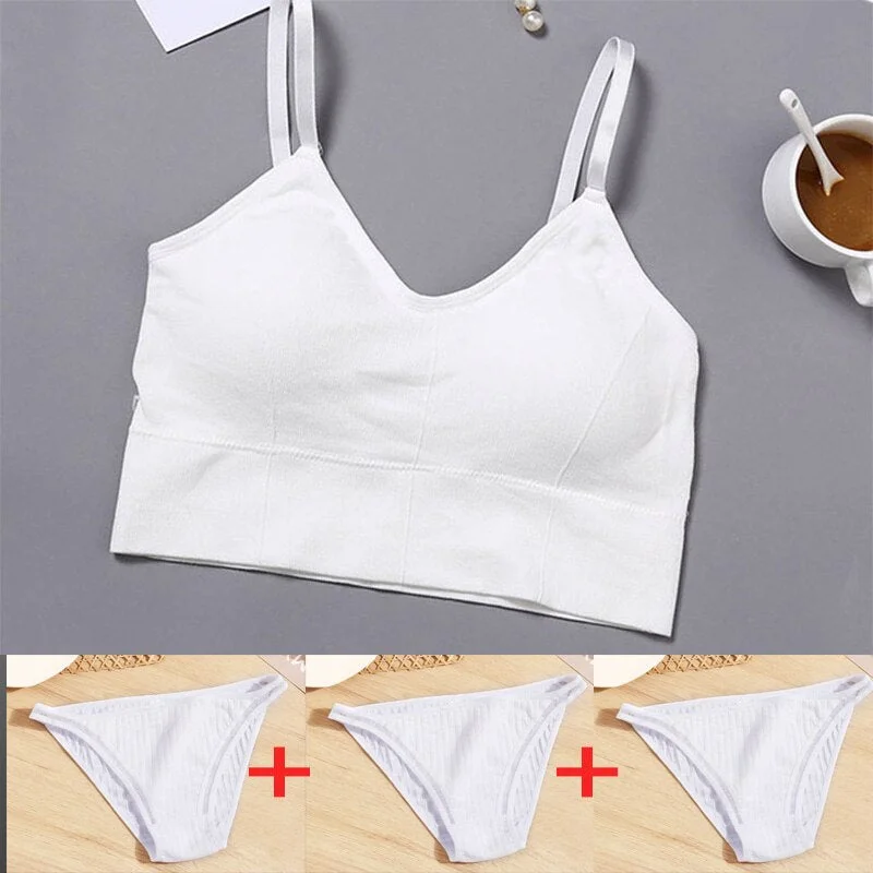 4PCS Camisole Set Tank Crop Top + Cotton Panties Solid Color Bralette for Women Underwear Female Underpants Intimates Lingerie