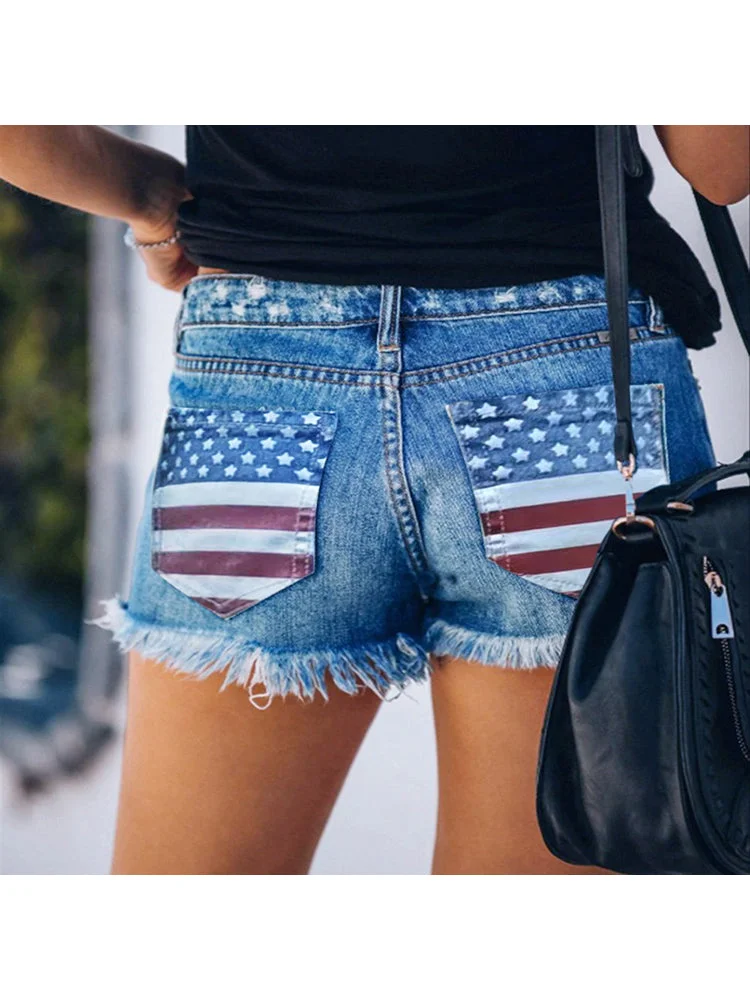 Women's American National Flag Printed Hollow Denim Shorts