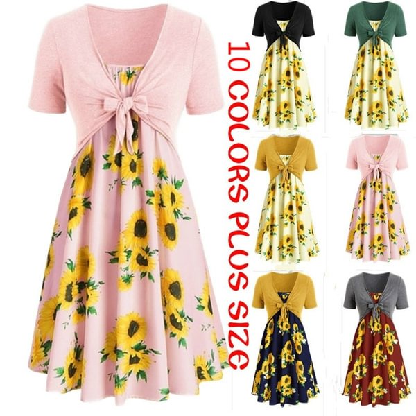 Women Two Piece Dress Summer Fashion Sunflower Mini Party Dress Casual Knotted Short Sleeve Tops Plus Size - Life is Beautiful for You - SheChoic