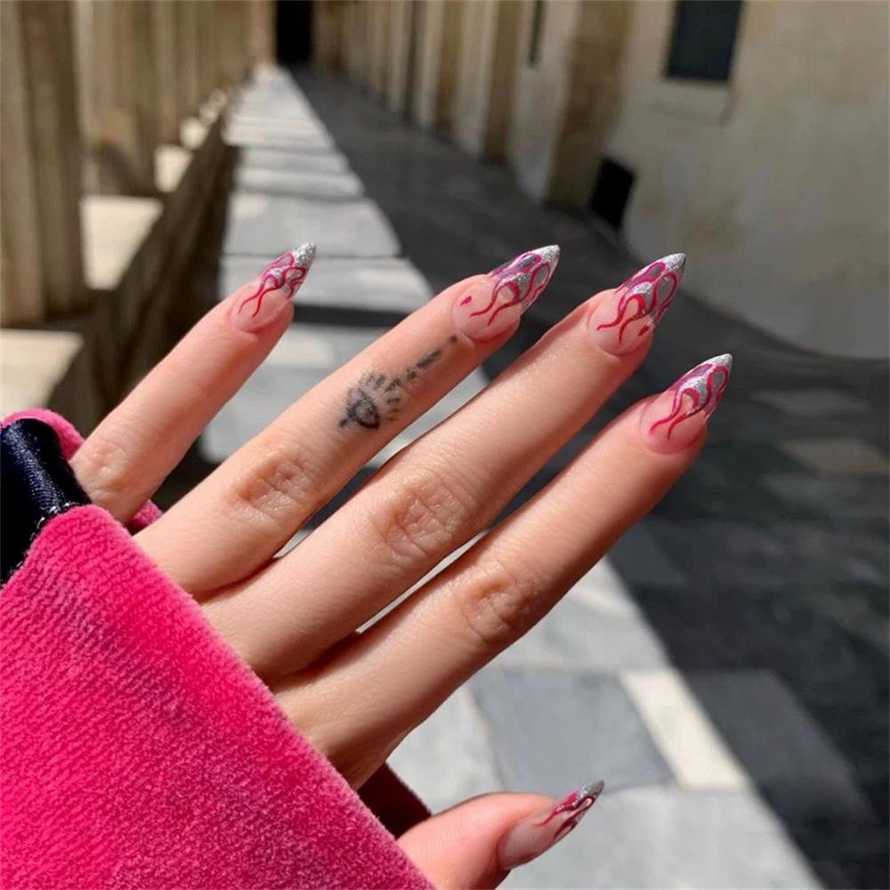 24pcs False Nails with Glue French Fake Nails Press on Nails Flame Artifical Nails Clear Nail Tips Nail Art Tools for Cool Girls