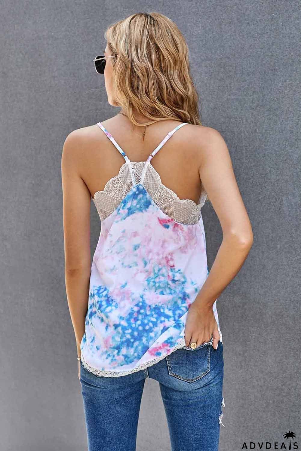 Chic Tie-dye Lace V Neck Strappy Loose Fit Camisole