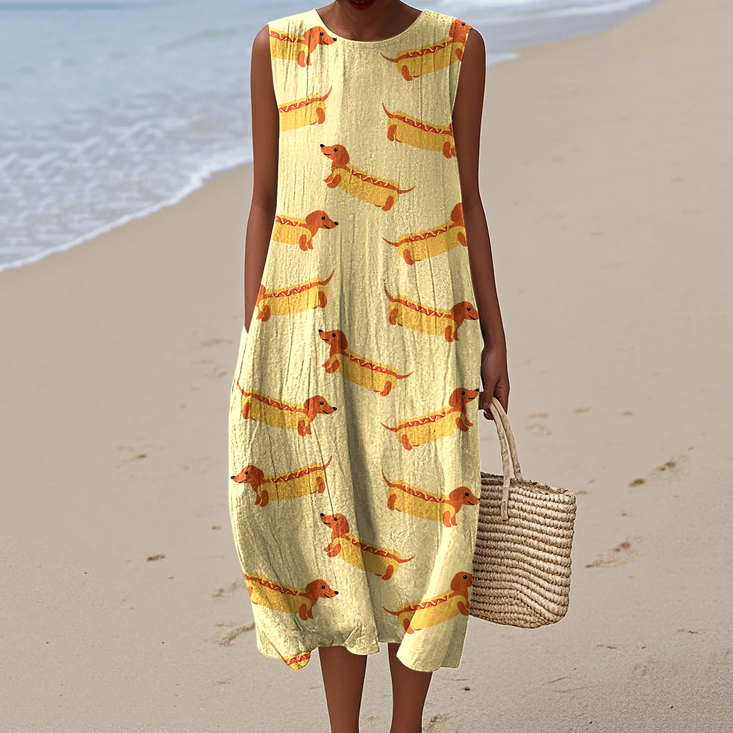 Retro Cute Dachshund  Sausage Dog Art Linen Tank Midi Dress wearshes