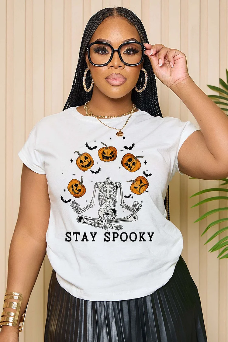 LORAGAL Halloween Pumpkin Skeleton Stay Spooky Print T-Shirt