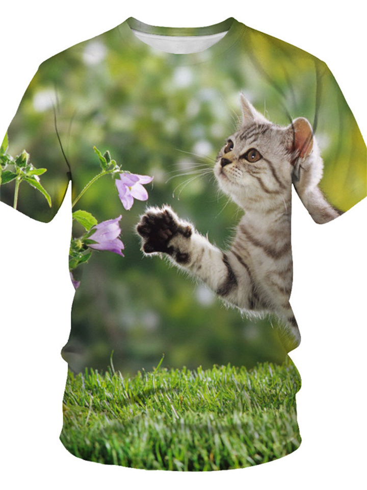 3D Pattern Print Cat Short Sleeve Men's Top Green White Blue Purple