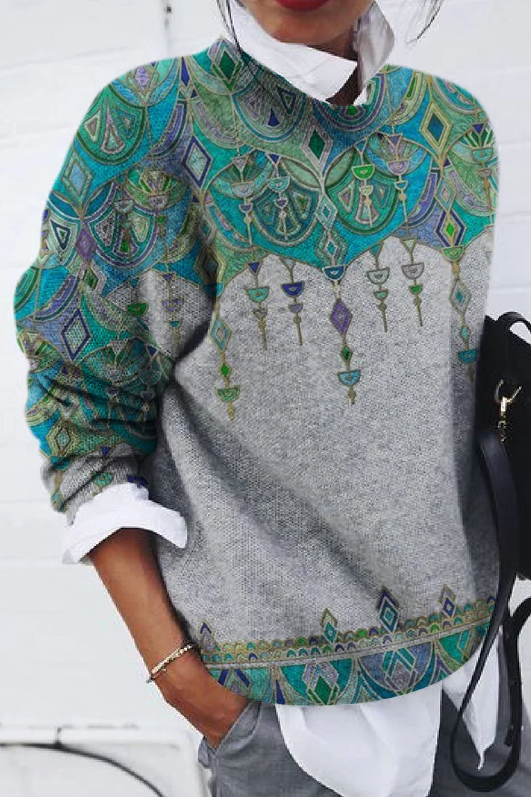 Fashion Ethnic Print Loose Long Sleeve Top