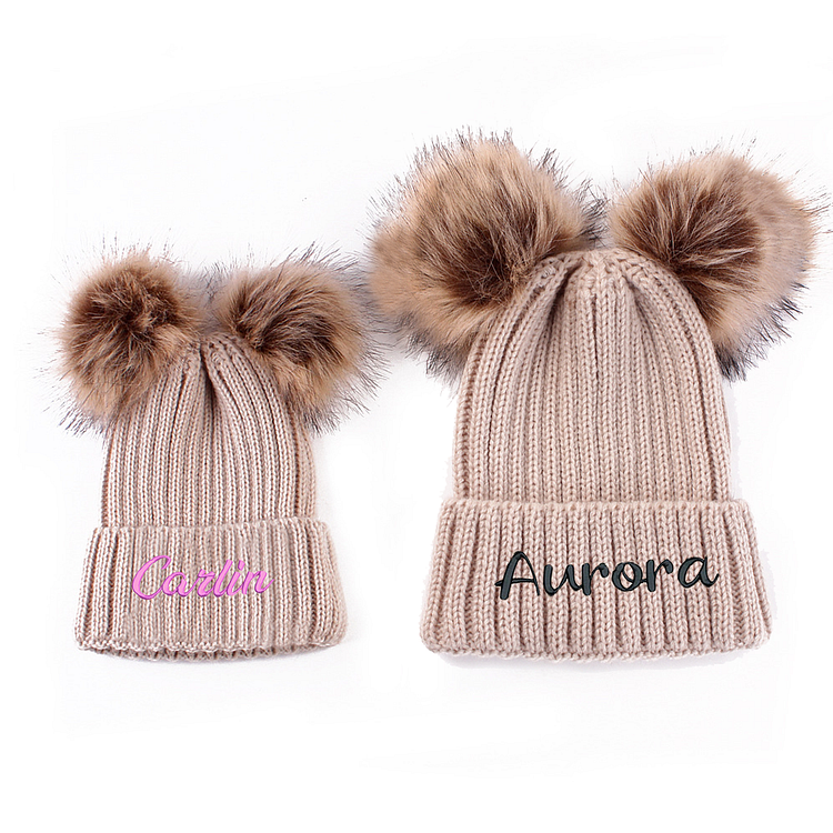 BlanketCute-Personalized Embroidery Family Matching Double Pom Pom Hat with Your Name