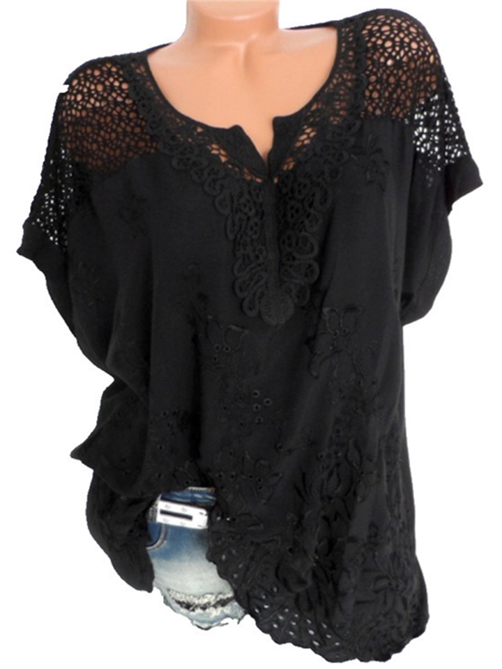 Fashion Fresh Sweet Women's Solid Color Lace V-neck Embroidery Short Sleeve Short Sleeve Bat Shirt T-shirt Chiffon Shirt