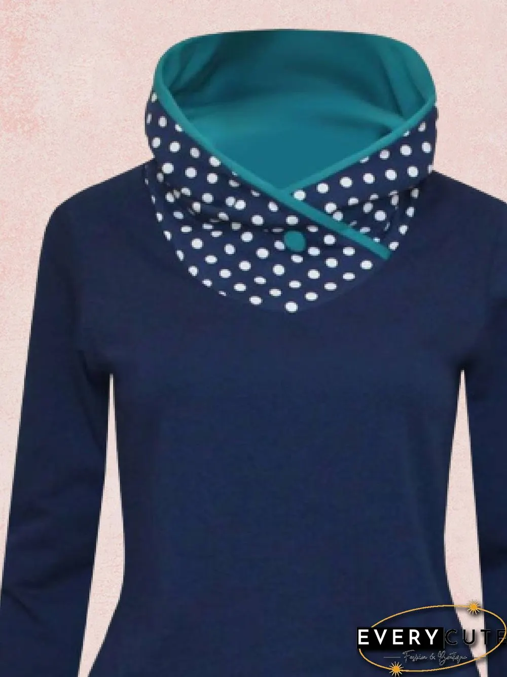 Deep Blue Long Sleeve Polka Dots Turtleneck Knitting Dress
