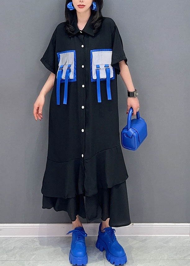 VCSHOES Black Peter Pan Collar Ruffled Patchwork Cotton Shirts Dress Summer