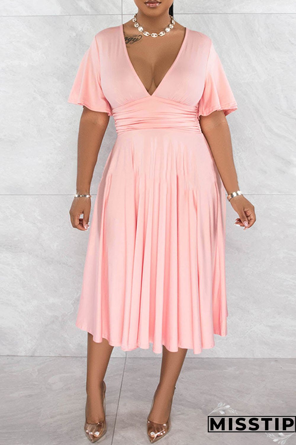 Black Casual Solid Patchwork V Neck Short Sleeve Dress