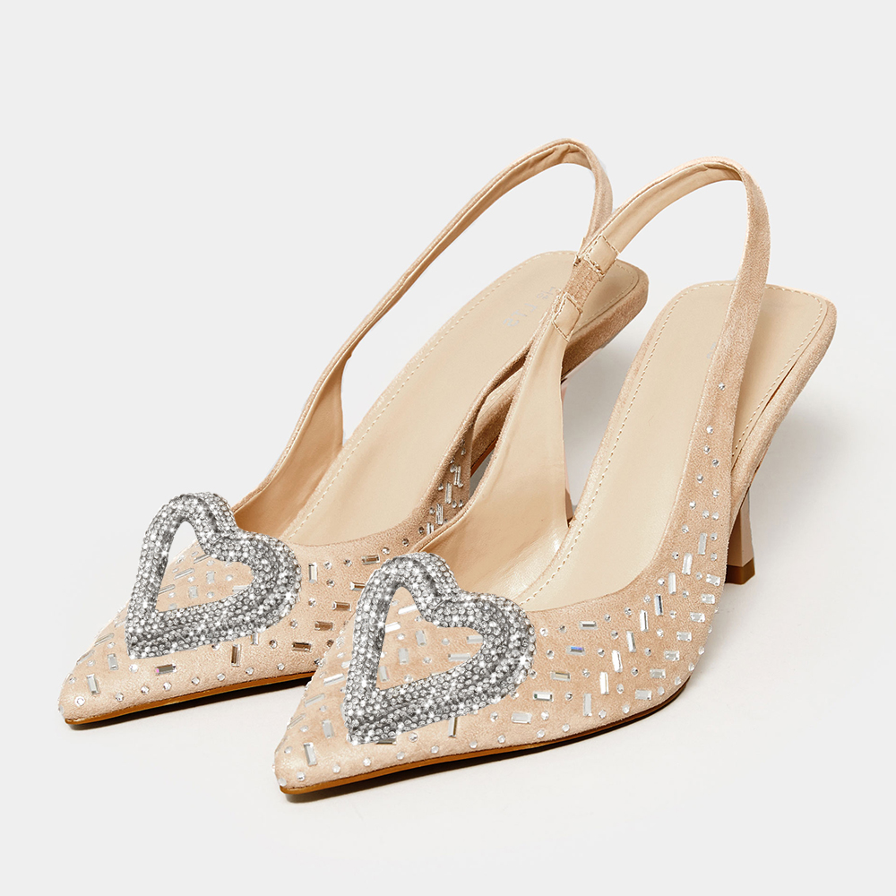 Beige Pointed Toe Kitten Heel Rhinestone Slingback Pumps Nicepairs