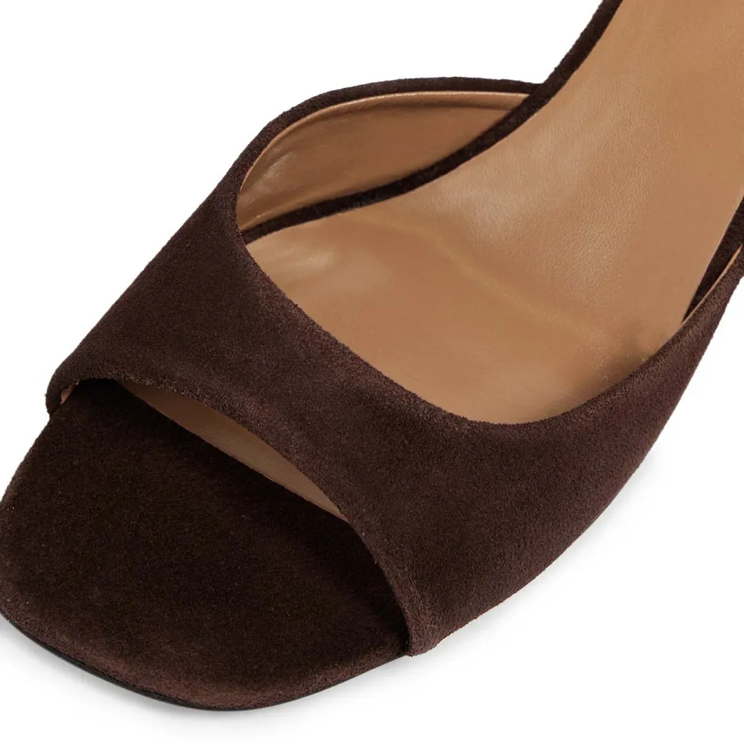 Dark Brown Vegan Suede Open Toe Mules Shoes with Chunky Heels