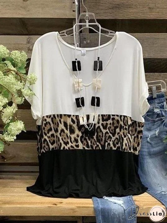 Leopard Paneled V Neck Casual Shirts & Tops