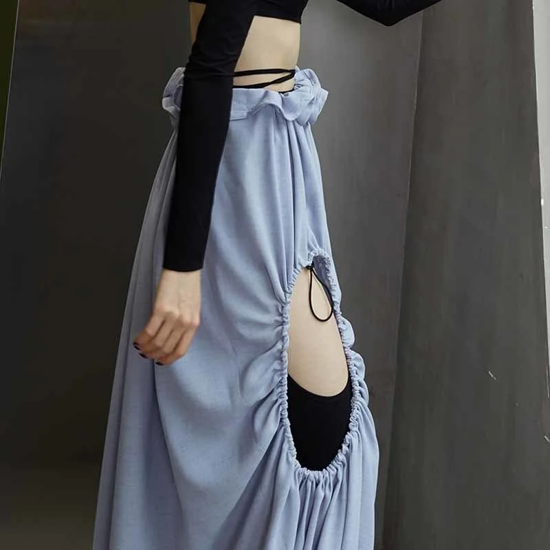 Tlbang Blue Hollow Out Asymmetrical Sexy Skirt For Women High Waist Solid Mid Skirts Female Summer Clothing 2023 New Style