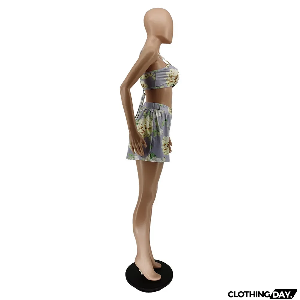 Women Clothes Summer Fall Lace-Up Strap Print Two-Piece Shorts Set