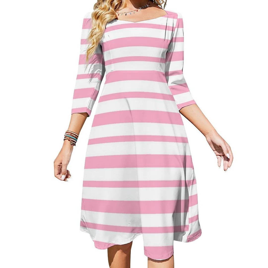 Thick And Thin Pink And White Stripes Dress Sweetheart Tie Back Flared 3/4 Sleeve Midi Dresses