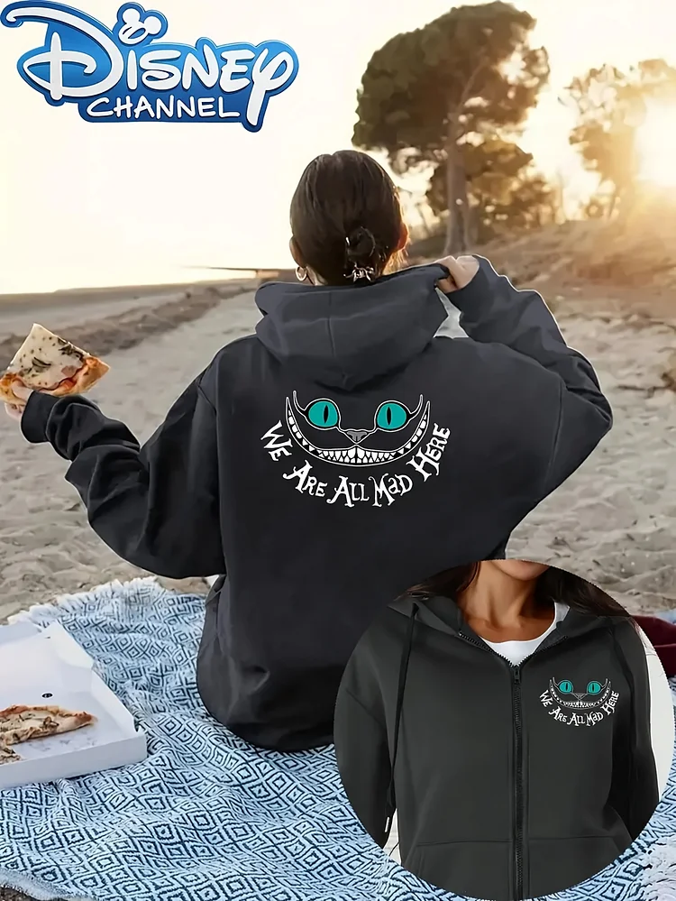 Disney Licensed & Alice In Wonderland Print - Women's Hooded Zip-Up Sweatshirt, Black Casual Winter Pullover With Blue Cartoon Cat Print, Machine Washable, Comfortable Fabric, Perfect For Family Outings, Disney Sweatshirt