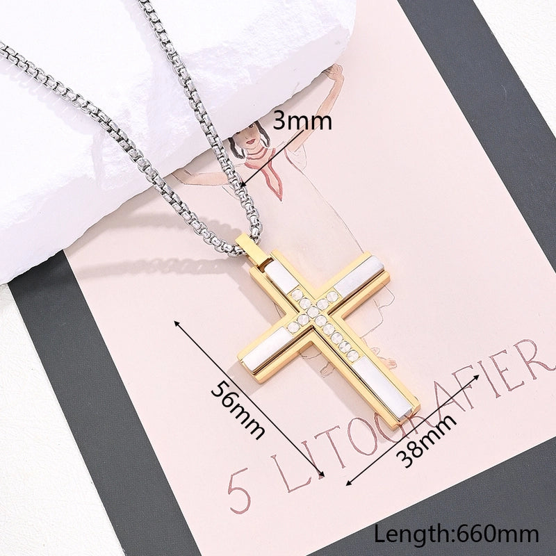 IG Style Hip-Hop Streetwear Cross 304 Stainless Steel Copper Polishing Zircon 18K Gold Plated Swimming Black Men's Pendant Necklace Sweater Chain Long Necklace