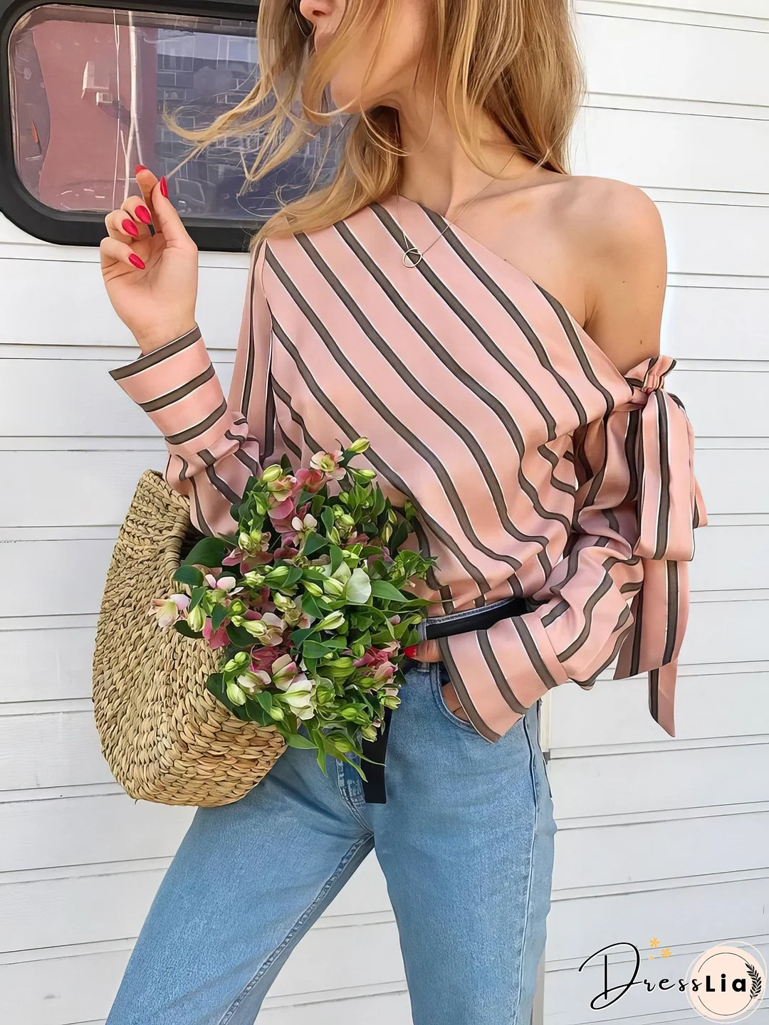 Long Sleeve Slanted Shoulder Striped Shirt