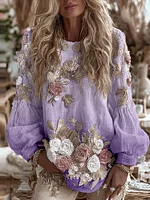 Women's Vintage Romantic White Rose Embroidery Art Comfy Linen Long Sleeve Shirt - Image 4