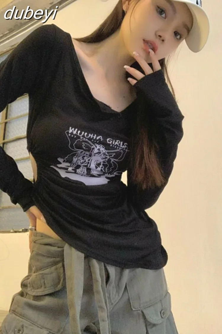 dubeyi Retro Cartoon Printed Long-sleeved Leggings T-shirt Early Autumn Niche Design Sense Irregular Hollowed Out Top Female