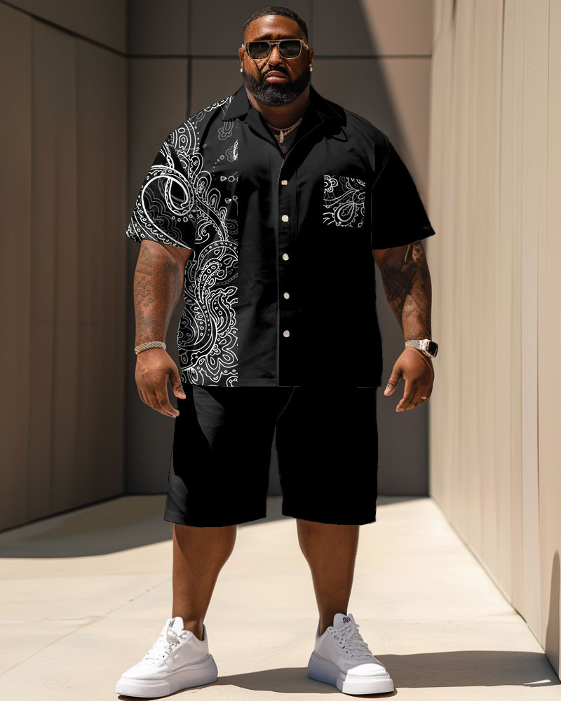 Men's Plus Size Casual Vacation Vintage Paisley Print Pocket Shirt Shorts Set