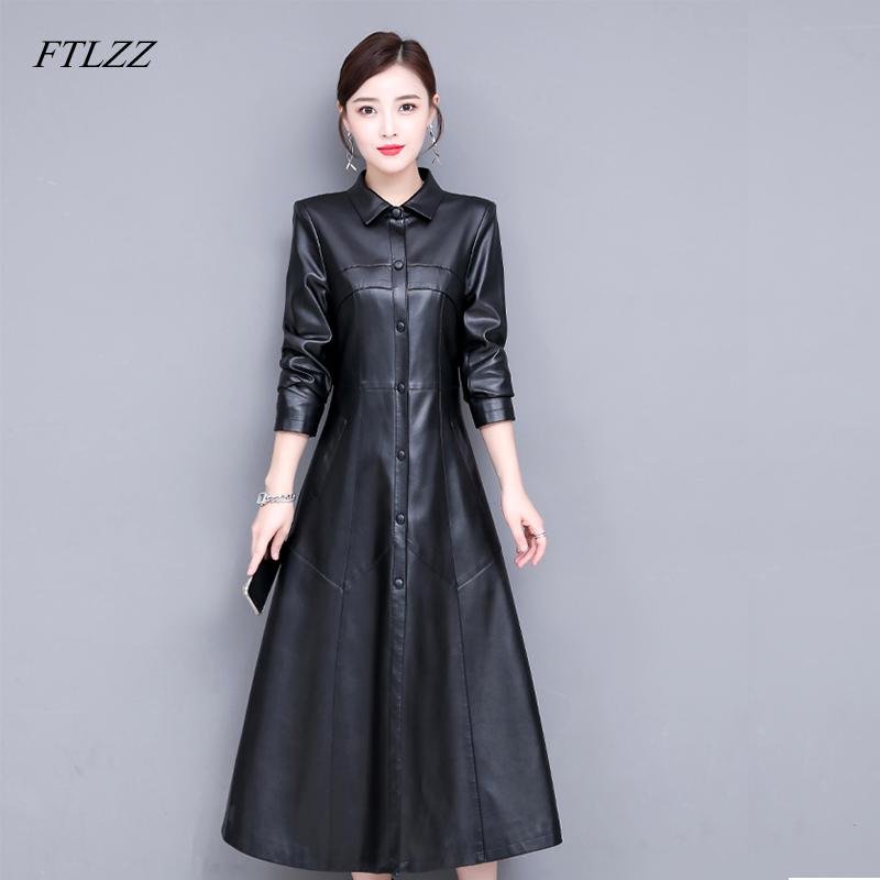 FTLZZ New Women Sheepskin Genuine Leather Long Jacket Thicken Coat Single Breasted Leather Trench Coat Outerwear Female