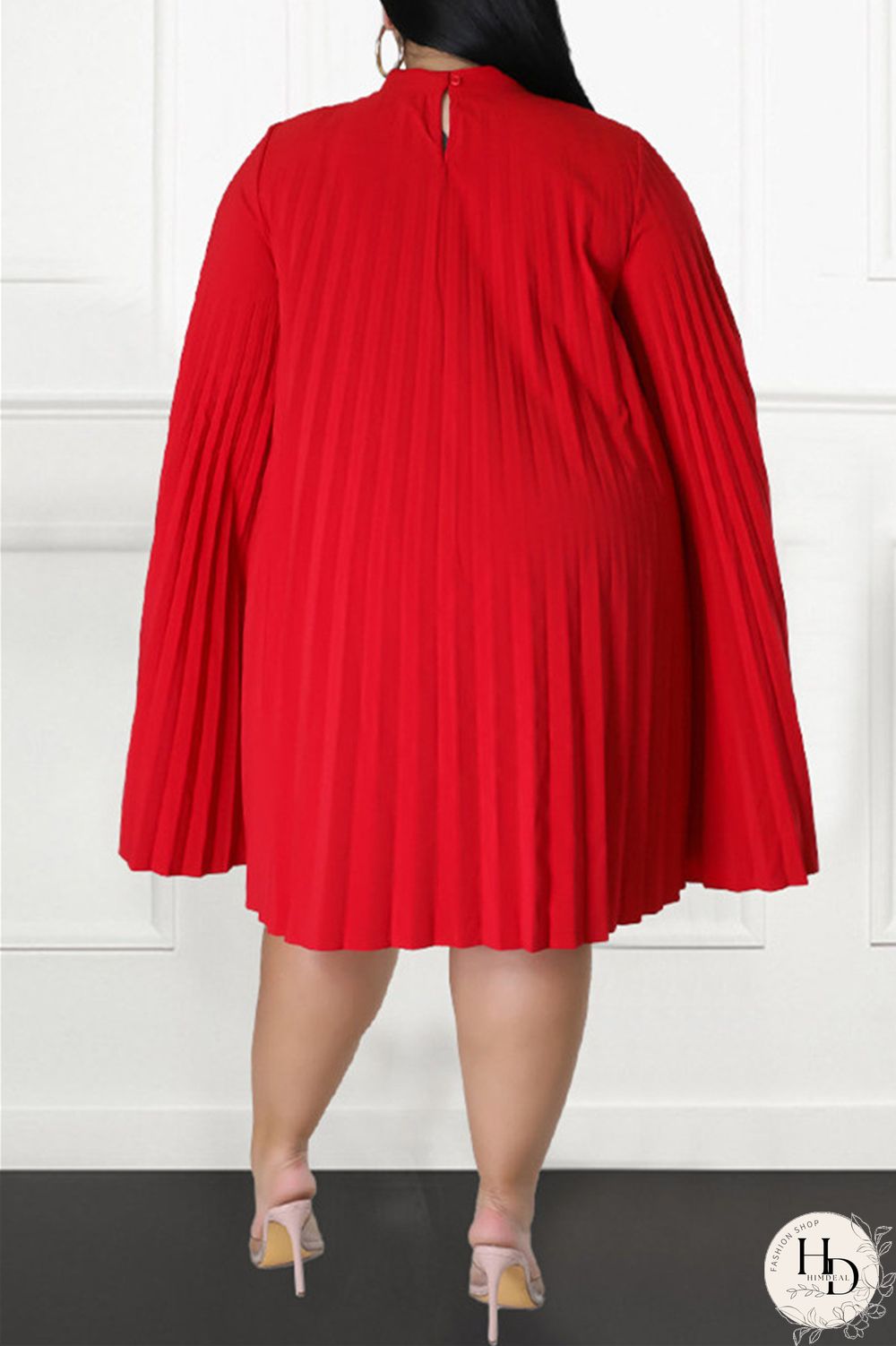 Red Casual Solid Patchwork Fold Half A Turtleneck Plus Size Dresses