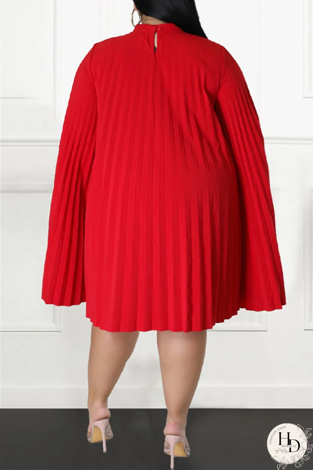 Red Casual Solid Patchwork Fold Half A Turtleneck Plus Size Dresses