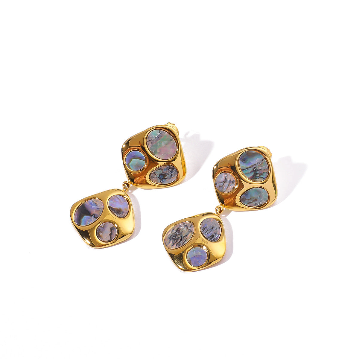 Ins Simple Design French Stainless Steel Irregular Inlaid Natural Black Shell Geometric 18K Gold Earrings