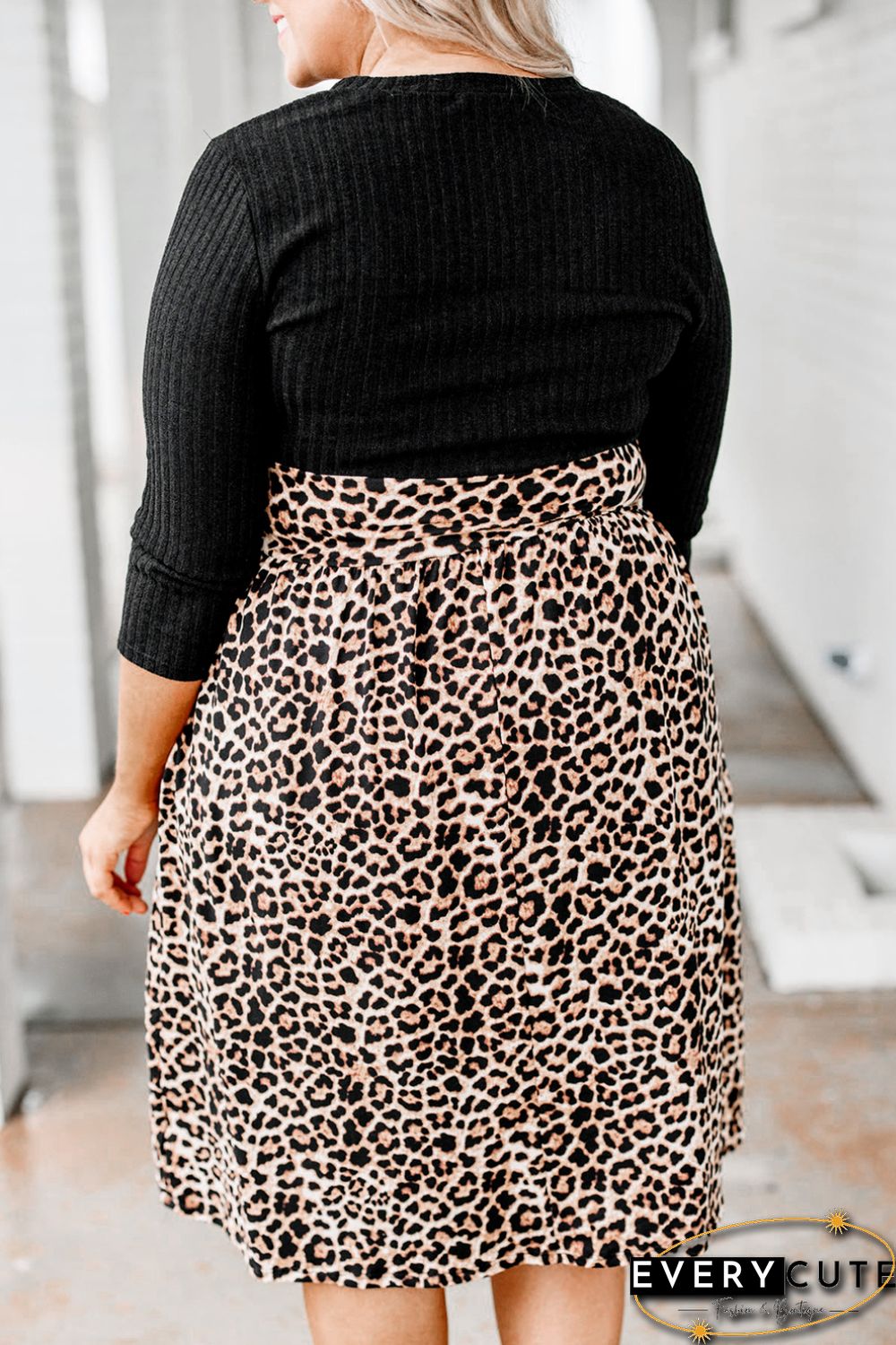 Ribbed Knit Leopard Plus Size Midi Dress
