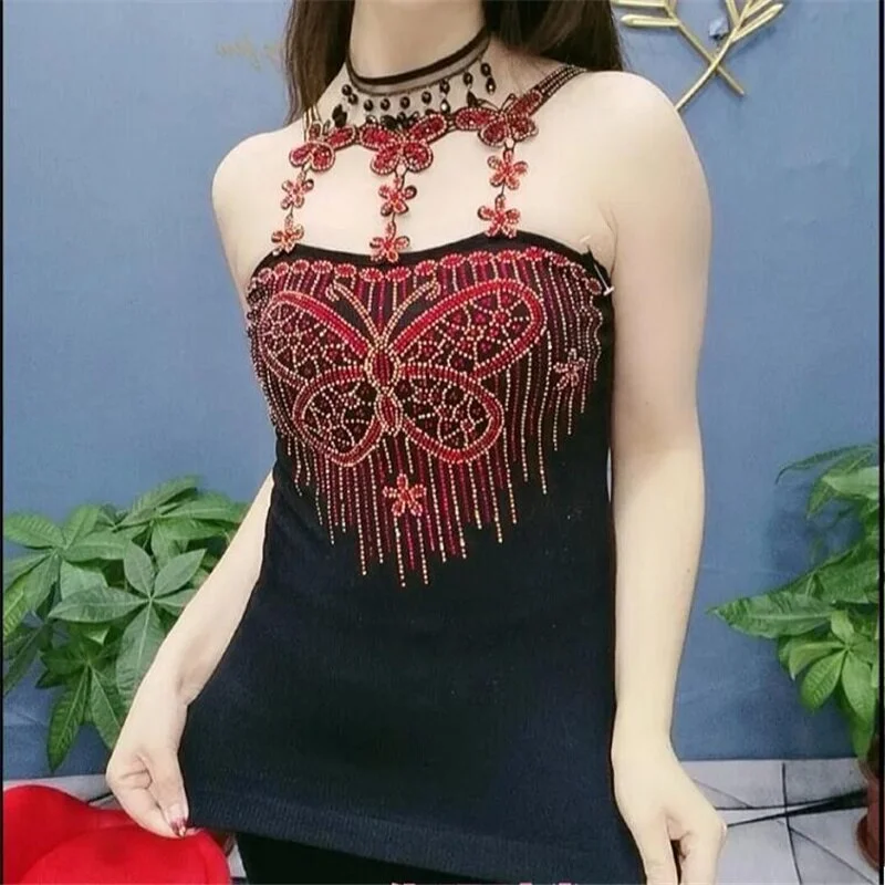 Bright Diamond Sling Tops Feminine Blouse Outer Wear Net Red Beauty Back Bottoming Camis Tees Tops  Women Butterfly Camisole
