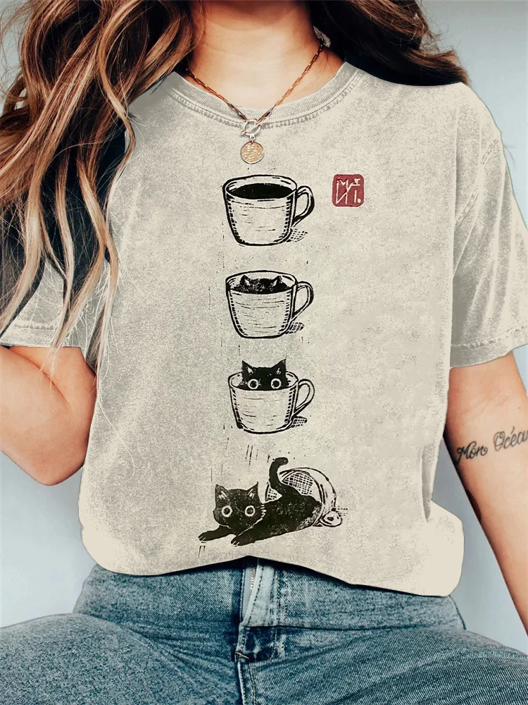 Women's Cat Coffee Cup Japanese Art Painting Print T-Shirt