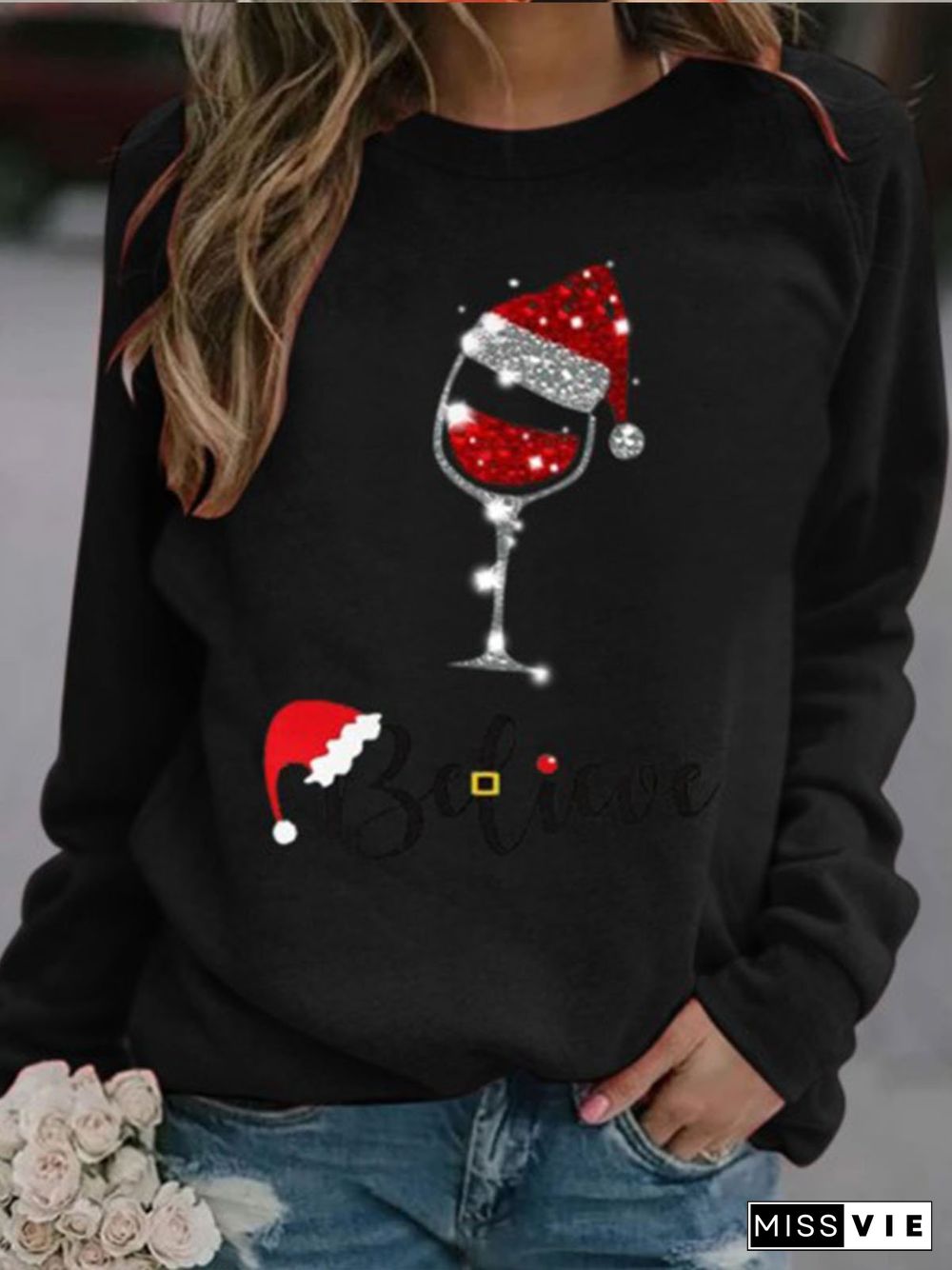 Christmas wine glass print T-shirt