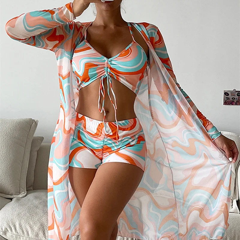 Uveng Uveng New Women's Three-Piece Bikini Mesh Gauze Blouse Gradient Print Lace Fashion Anti-Sai Swimsuit