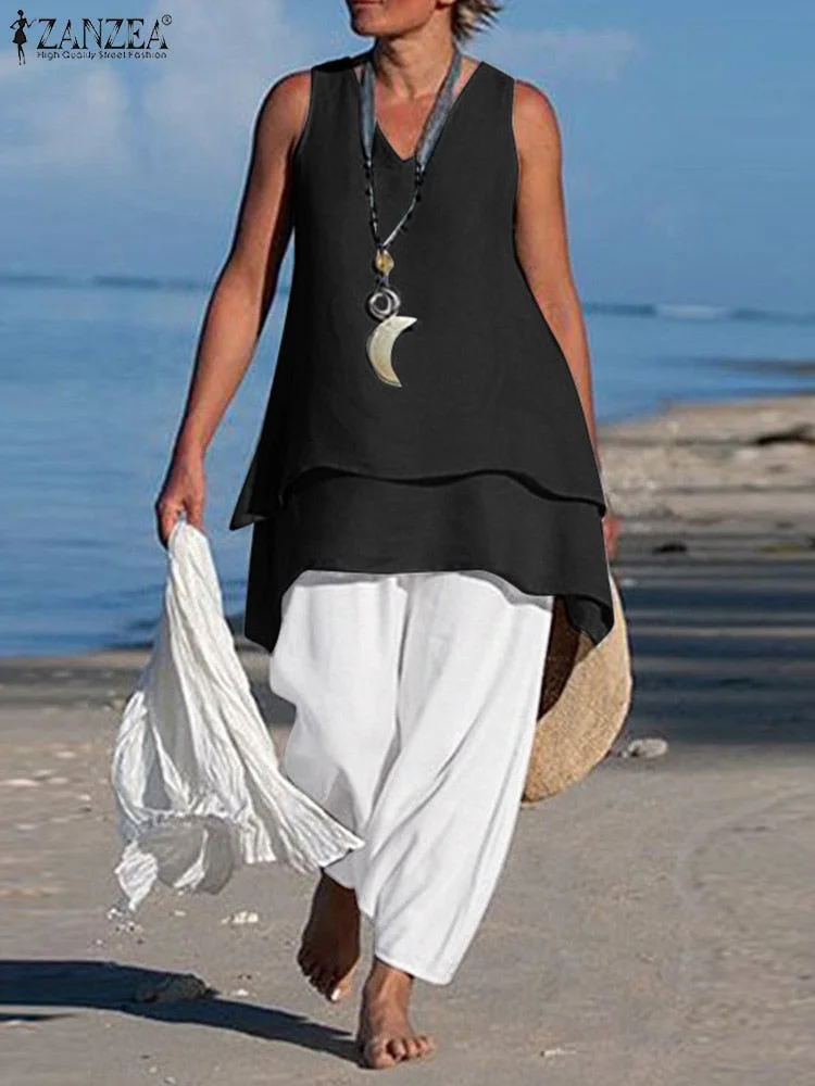 ZANZEA 2 Piece Sets Casual Loose Matching Sets Summer Urban Tracksuit Women Sleeveless Blouse Trousers Suits Wide Leg Pants Sets