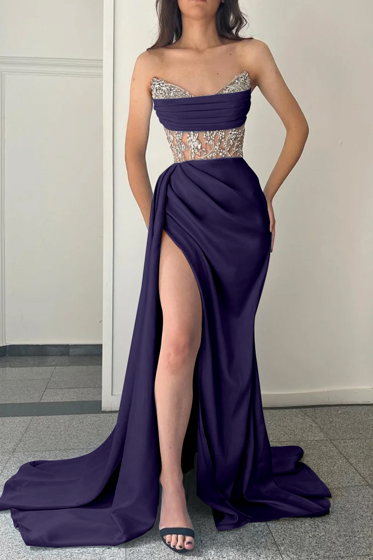 Hidais Modern Sky Blue Strapless Mermaid Prom Dress Split With Beading