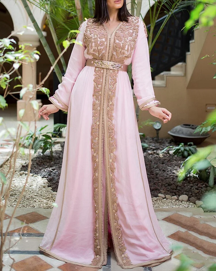 Women's V-neck long-sleeved embroidered Dress