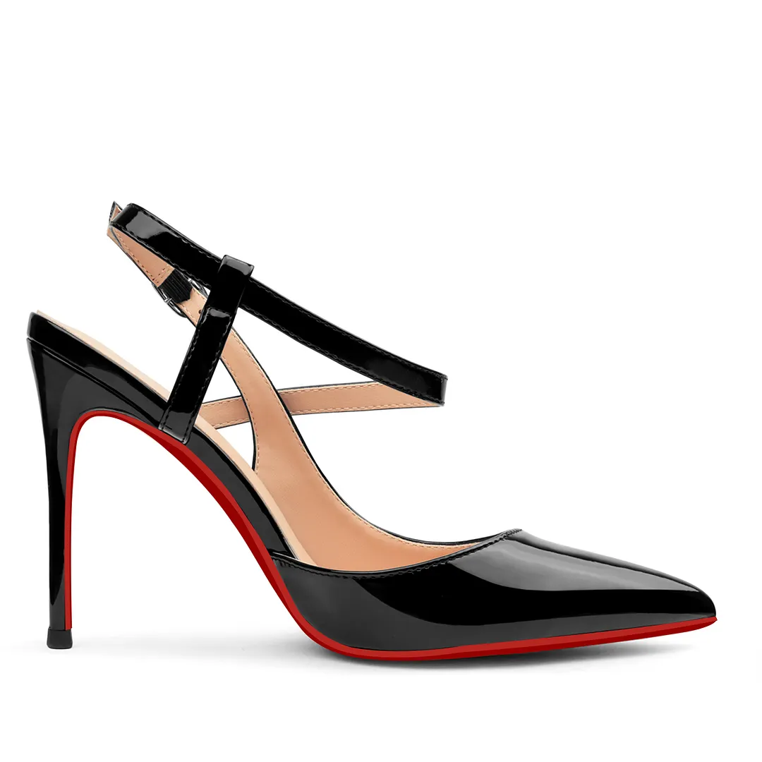 100mm Women Slingback Patent Pumps Ankle Strap Jenlove Stiletto Mid Heel Close Pointed Toe Dress Red Bottoms Shoes