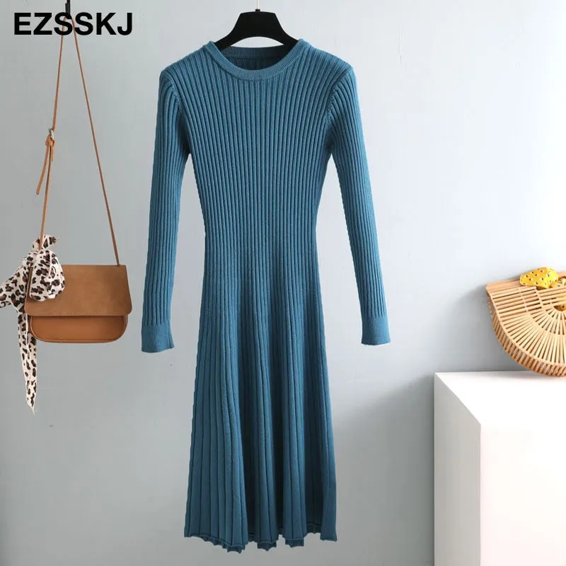 elegant Long sleeve OL O-neck long Sweater dress women Thick knit Autumn Winter dress female Slim A-line basic dress casual