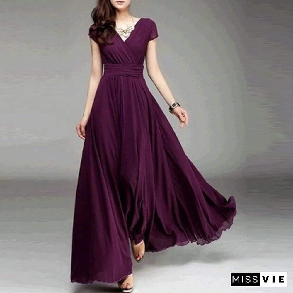 Womens Fashion Spring Summer Autumn Bohemian Maxi Dress Beach Evening V-Neck Sexy Women