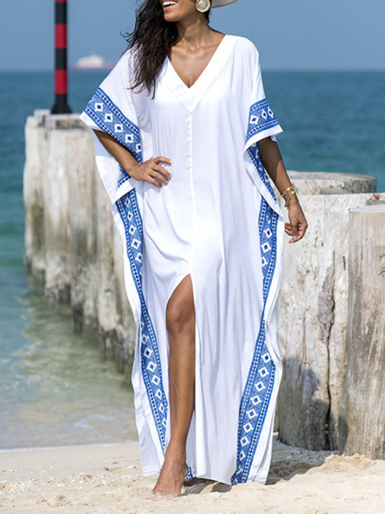 Faux Cotton Embroidered Loose Turkish Robe Holiday Maxidress