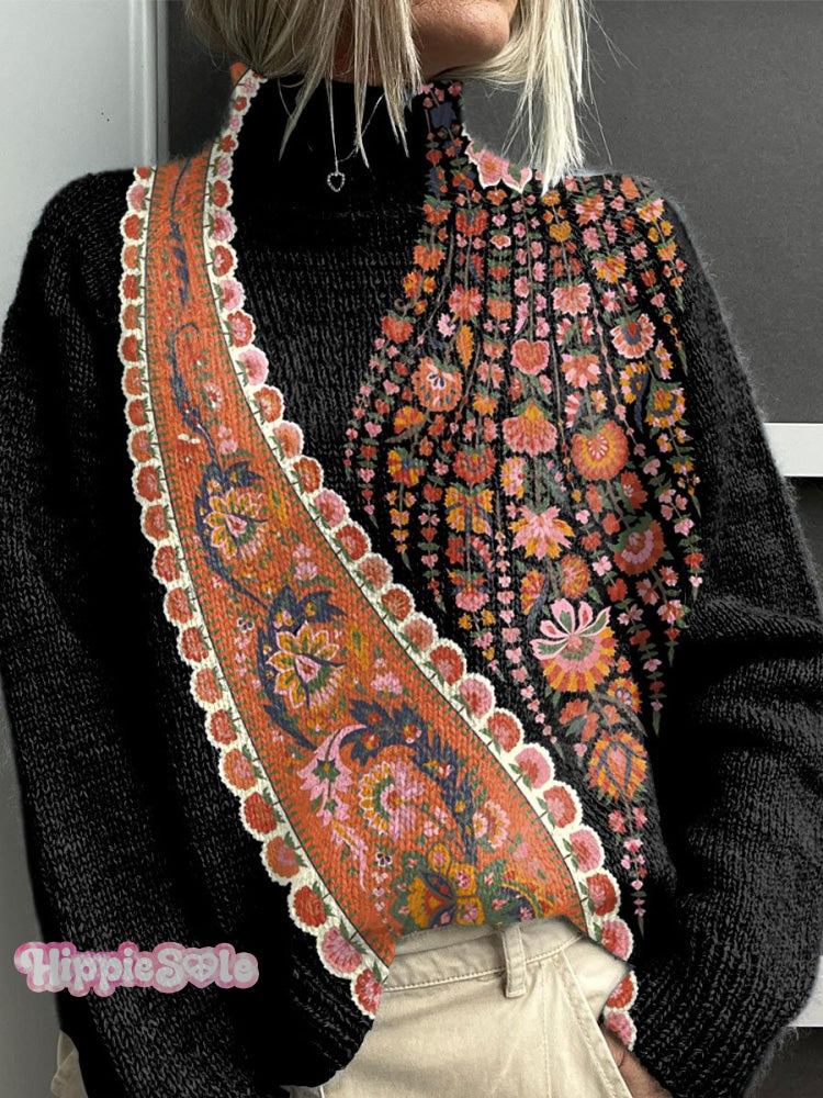 Retro Floral Art Print Knit Turtleneck Pullover Sweater Multicolor / S