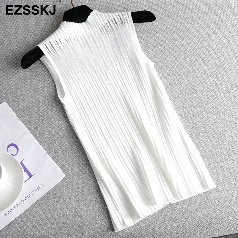 elegant Top spring autumn Knitted Tank top Women Blouse turtlenck sexy Sleeveless sweater vest Female slim top