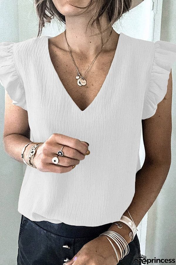 Casual T-shirt Solid V-neck Pullover Ruffle Sleeve Top